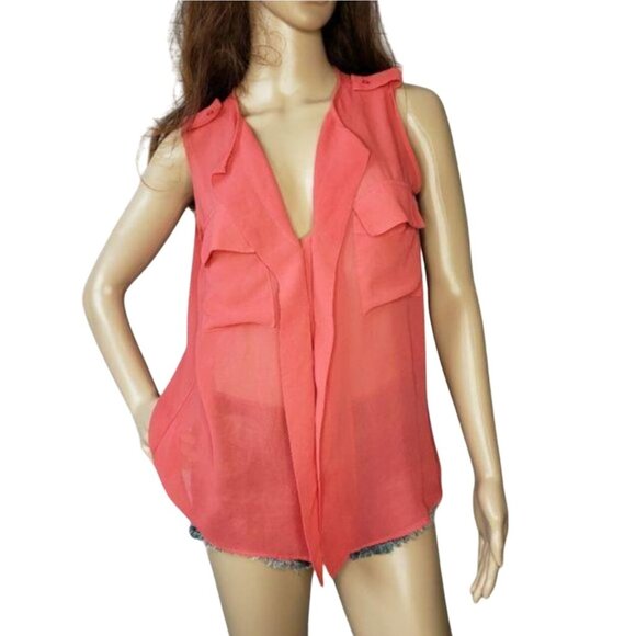 Cotton On Sleeveless Sheer Coral Blouse With Pockets tie up wear down pool sz S - Picture 1 of 10